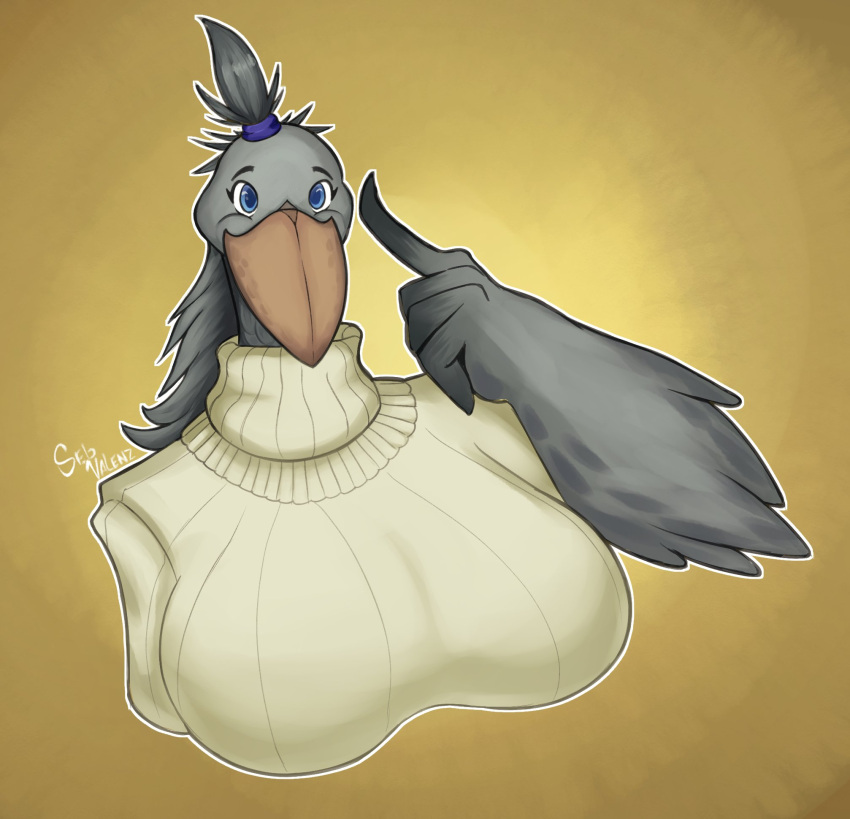 accessory anthro avian beak big_breasts bird blue_eyes breasts clothing curvy_anthro curvy_female curvy_figure digital_media_(artwork) feathered_wings feathers female gesture grey_body grey_feathers hair_accessory hair_tie hand_gesture head_feathers hi_res looking_at_viewer mature_anthro mature_female pelecaniform pointing raised_finger seb_valenz sheila_(seb_valenz) shoebill simple_background slightly_chubby slightly_chubby_female smile smiling_at_viewer solo sweater topwear voluptuous_anthro voluptuous_female wings yellow_background