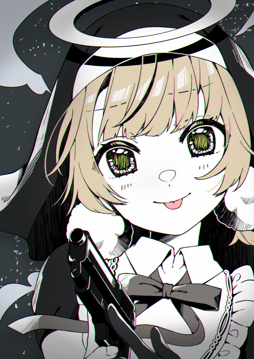 1girl black_gloves black_hat black_shirt blonde_hair blunt_bangs blush closed_mouth coif collared_shirt commentary_request eyelashes fingernails frilled_shirt frills gloves green_eyes grey_background grey_ribbon gun hair_ornament halo handgun highres holding holding_gun holding_weapon indie_virtual_youtuber looking_at_viewer low_twintails multicolored_hair neck_ribbon nobori_yuzu nun pom_pom_(clothes) pom_pom_hair_ornament portrait ribbon shigure_ui_(vtuber) shirt short_hair short_sleeves short_twintails single_glove smile solo tongue tongue_out twintails two-tone_hair virtual_youtuber weapon white_shirt
