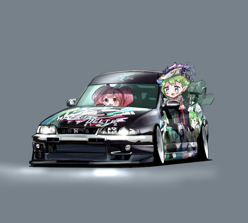 2girls black_car blush car driving glowing green_hair grey_background hair_behind_ear hair_ribbon highres hikageno macross macross_delta makina_nakajima medium_hair motor_vehicle multiple_girls nissan nissan_skyline nissan_skyline_gt-r nissan_skyline_r33 open_mouth orange_eyes pink_hair pointy_ears reina_prowler ribbon shadow short_hair smile sports_car v-shaped_eyebrows vehicle_focus walkure_(macross_delta)