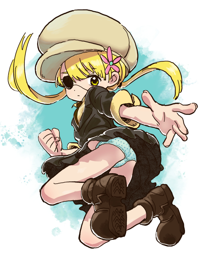 1girl blonde_hair boots clenched_hand eisu_(eith) eyepatch flower hair_flower hair_ornament highres jumping large_hat panties pantyshot pleated_skirt polka_dot polka_dot_panties simple_background skirt swept_bangs twintails underwear unmei_no_makimodoshi upskirt white_background yellow_eyes