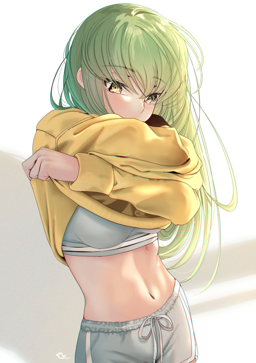 1girl absurdres blush breasts budgiepon c.c. clothes_lift code_geass commentary covered_mouth cowboy_shot crossed_arms crossed_bangs dolphin_shorts english_commentary eyelashes eyes_visible_through_hair green_hair grey_shorts hair_between_eyes hands_up highres lifted_by_self long_hair looking_at_viewer medium_breasts midriff navel nose scar scar_on_stomach shorts sidelighting signature simple_background solo sports_bra stomach straight_hair sweater sweater_lift very_long_hair white_background yellow_eyes yellow_sweater