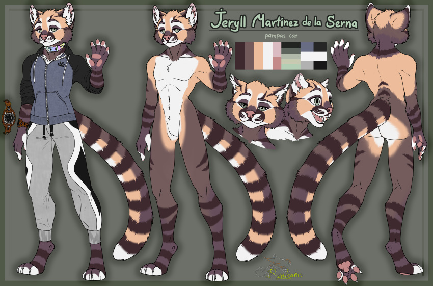 absurd_res anthro clothed clothing digital_media_(artwork) english_text felid feline felis fluffy fluffy_tail fur hi_res leopardus looking_at_viewer male mammal markings open_mouth pampas_cat refference rinkamo simple_background smile solo striped_markings striped_tail stripes tail tail_markings teeth text
