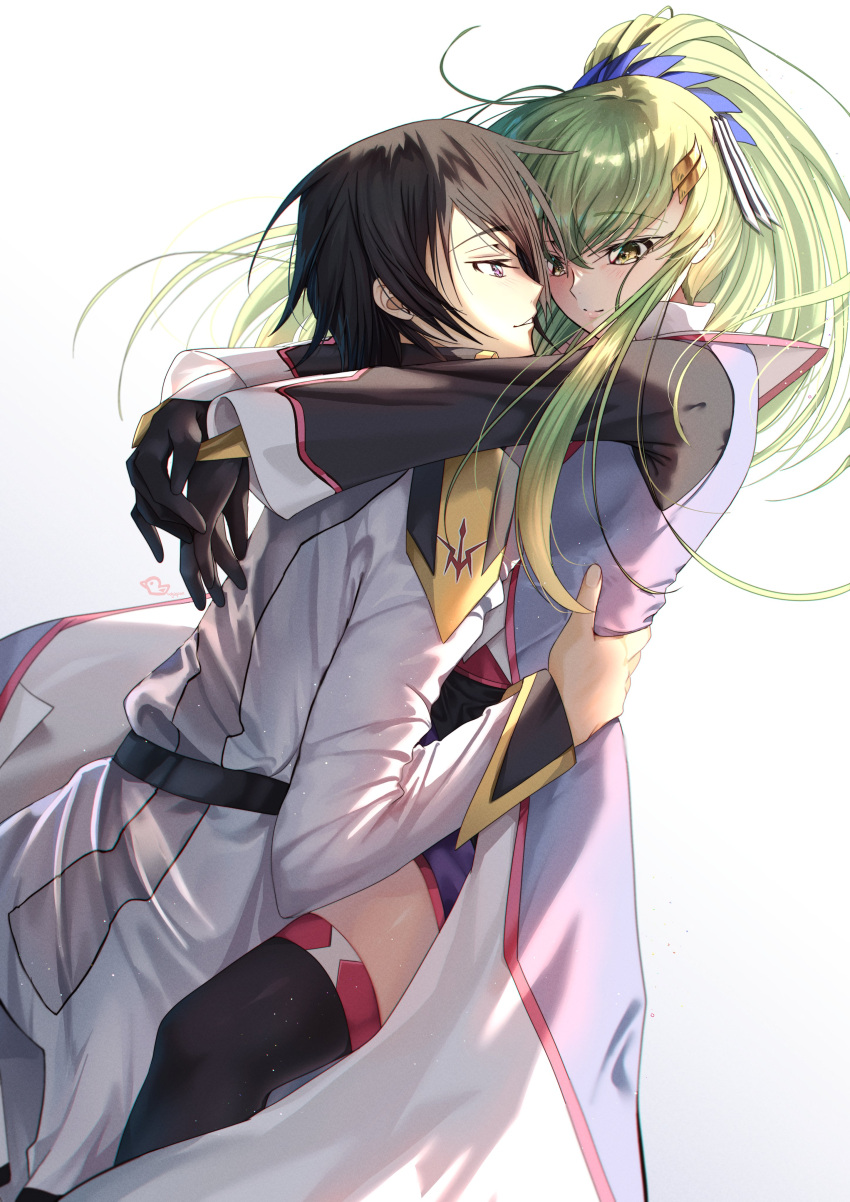 1boy 1girl absurdres arms_around_neck black_gloves black_hair black_thighhighs blush budgiepon c.c. closed_mouth code_geass commentary_request cosplay couple dress eye_contact feet_out_of_frame floating_hair from_side gloves green_hair gundam gundam_seed gundam_seed_freedom hair_between_eyes hand_on_another's_hip hetero highres hug kira_yamato kira_yamato_(cosplay) lacus_clyne lacus_clyne_(cosplay) lelouch_vi_britannia light_particles long_hair long_sleeves looking_at_another parted_lips ponytail profile purple_eyes shirt short_hair sidelighting sidelocks simple_background smile split_mouth thighhighs white_background white_dress white_shirt wide_sleeves yellow_eyes
