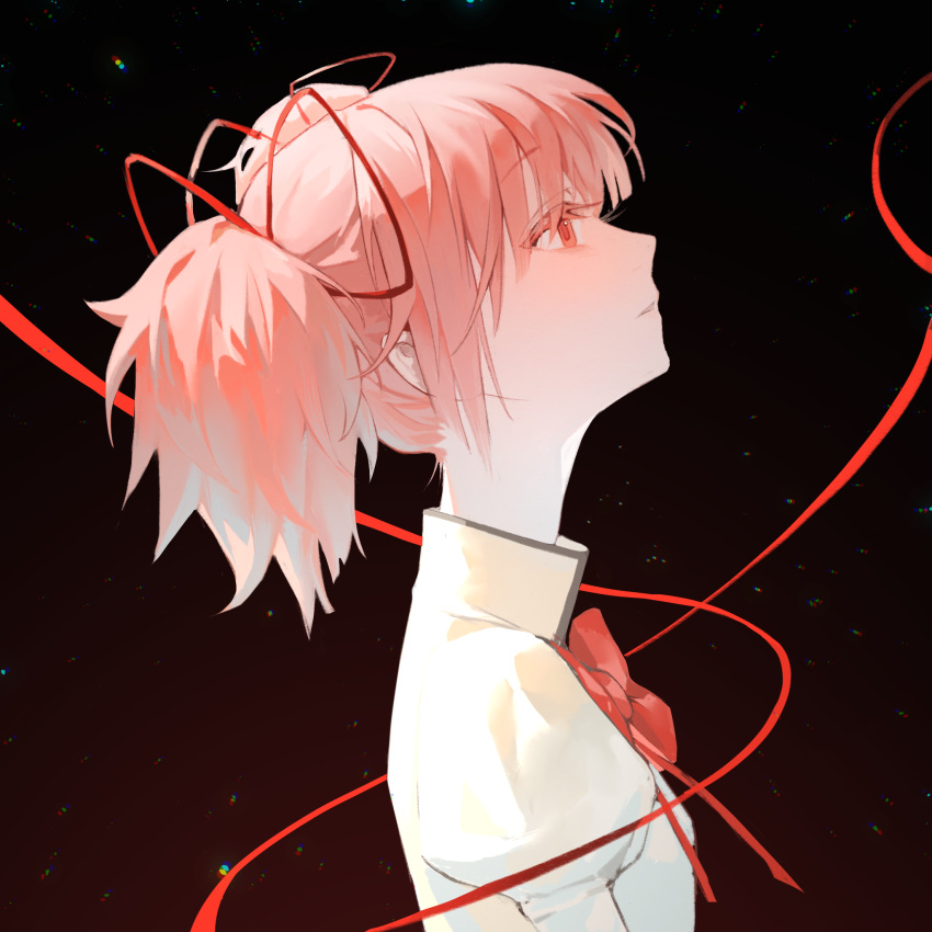 1girl black_background bow bowtie chinese_commentary chromatic_aberration collared_jacket colored_eyelashes commentary_request from_side gradient_background hair_ribbon highres jacket juliet_sleeves kaname_madoka long_sleeves looking_ahead mahou_shoujo_madoka_magica mahou_shoujo_madoka_magica_(anime) mitakihara_school_uniform parted_lips pink_eyes pink_hair profile puffy_sleeves red_background red_bow red_bowtie red_ribbon ribbon rufen284 school_uniform short_hair short_twintails simple_background solo string string_of_fate twintails two-tone_background upper_body white_jacket