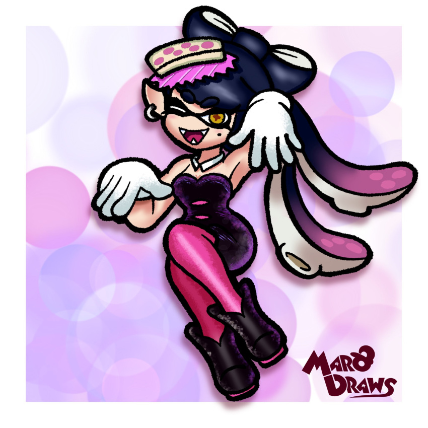 1:1 animal_humanoid blue_hair breasts callie_(splatoon) cephalopod cephalopod_humanoid clothing dress ear_piercing ear_ring eyelashes fangs female footwear gloves hair handwear hi_res humanoid humanoid_pointy_ears inkling legwear long_hair looking_at_viewer marine marine_humanoid markings marodraws mole_(marking) mole_under_eye mollusk mollusk_humanoid multicolored_hair nintendo one_eye_closed open_mouth open_smile pattern_background piercing pink_tights pseudo_hair pupils purple_background purple_clothing purple_dress purple_footwear purple_hair purple_shoes ring_piercing shoes simple_background smile solo splatoon squid_humanoid tan_body tan_skin teeth tentacle_hair tentacles thick_thighs tights two_tone_hair unusual_pupils white_background white_clothing white_gloves white_handwear wide_hips wink winking_at_viewer yellow_eyes