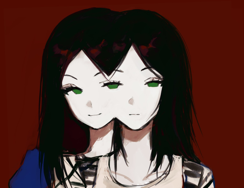 1girl :3 alice:_madness_returns alice_liddell_(american_mcgee's_alice) american_mcgee's_alice black_hair commentary empty_eyes expressionless eyelashes green_eyes highres long_eyelashes long_hair looking_at_viewer nonsensemanna pale_skin portrait red_background sketch smile solo surreal