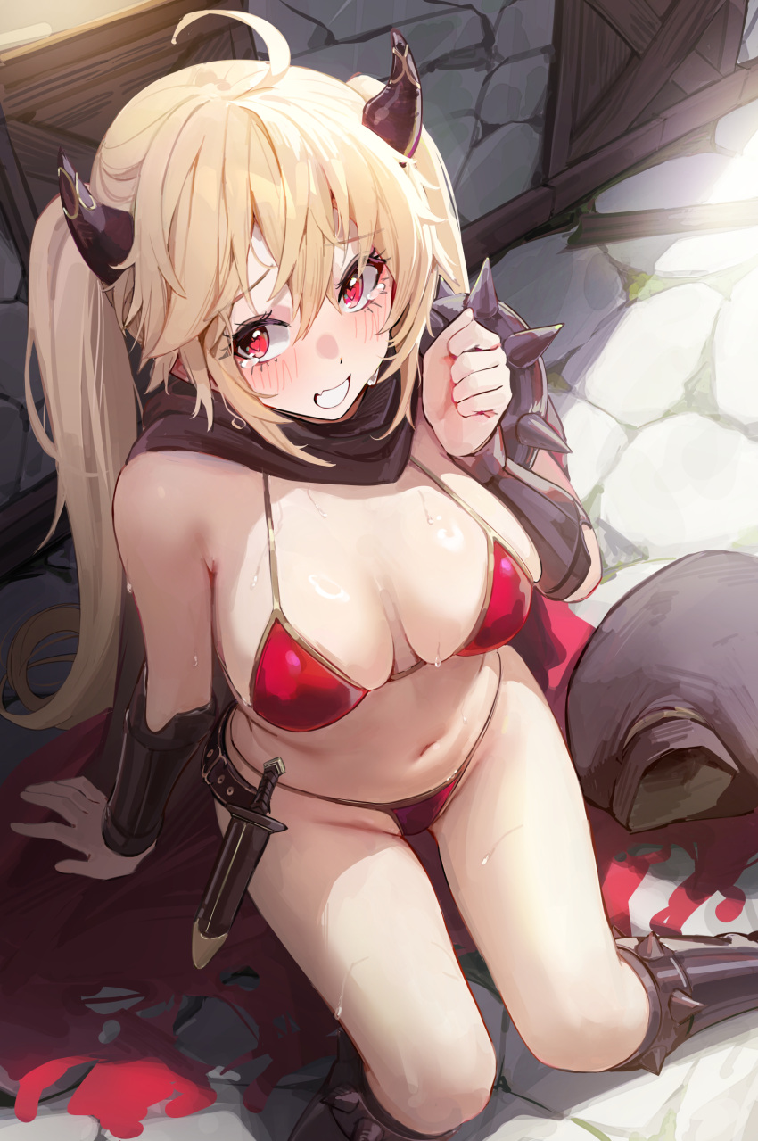 1girl absurdres ahoge arm_support azur_lane bare_shoulders bikini black_cape blonde_hair bluecher_(azur_lane) bluecher_(skyward_burning_love)_(azur_lane) blush breasts brick_floor cape chela77 commentary crying crying_with_eyes_open dagger demon_horns hair_between_eyes hand_up heart heart-shaped_pupils highres horns knife long_hair looking_at_viewer navel open_mouth red_bikini red_cape red_eyes shiny_skin sitting skindentation solo spikes stomach sweat swimsuit symbol-only_commentary symbol-shaped_pupils tearing_up tears torn_cape torn_clothes twintails two-tone_cape weapon wet wrist_guards