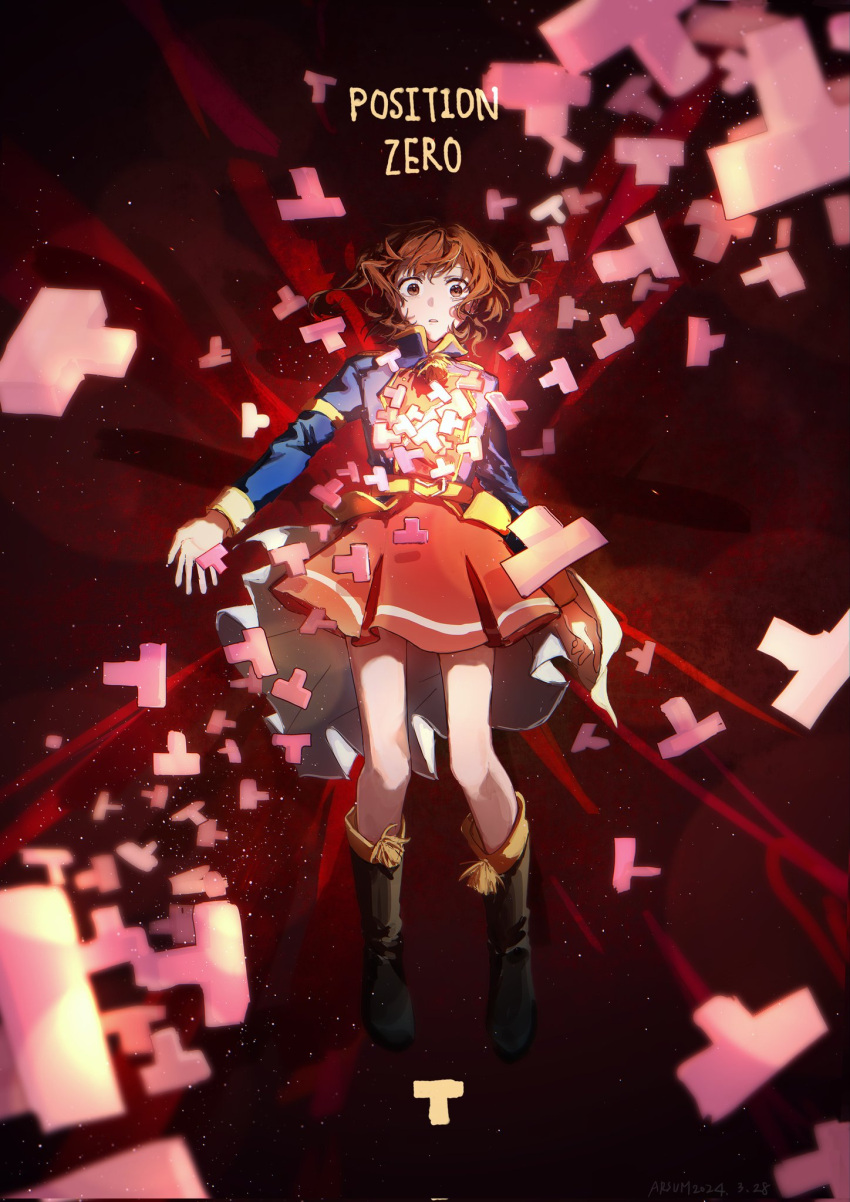 1girl aijou_karen arsum0731 artist_name black_footwear blue_jacket boots brown_eyes brown_hair english_commentary english_text highres jacket layered_skirt long_sleeves looking_at_viewer parted_lips red_skirt short_hair shoujo_kageki_revue_starlight skirt solo thigh_boots vanishing_point white_skirt
