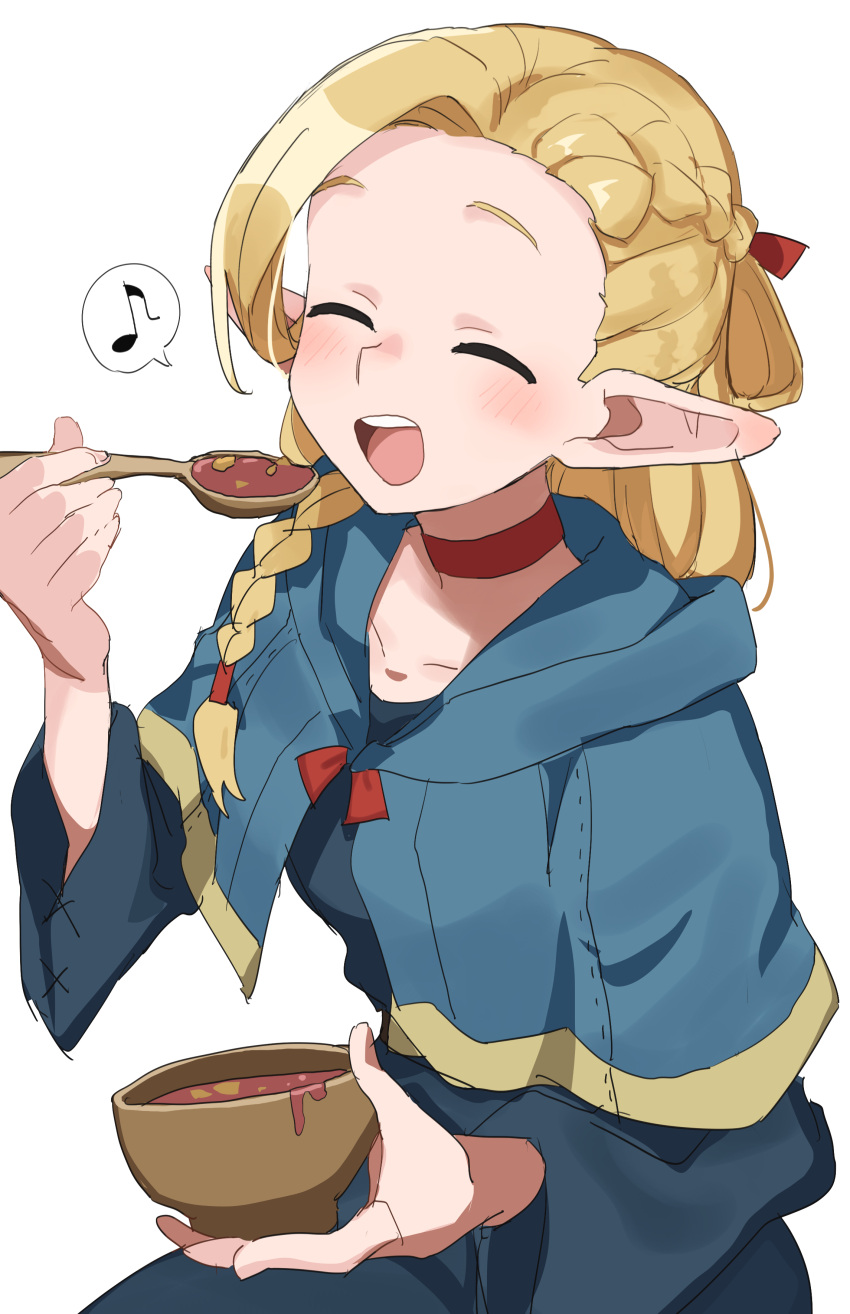 1girl ^_^ absurdres blonde_hair braid choker closed_eyes dungeon_meshi elf food gazacy_(dai) highres holding holding_spoon marcille_donato musical_note open_mouth pointy_ears red_choker simple_background single_braid solo spoken_musical_note spoon white_background