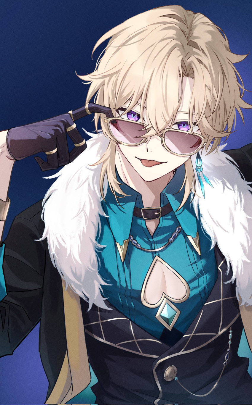 1boy aqua_shirt aventurine_(honkai:_star_rail) black_gloves black_jacket blonde_hair collared_shirt earrings fur_trim glasses gloves hair_between_eyes highres honkai:_star_rail honkai_(series) jacket jewelry looking_at_viewer multicolored_eyes purple_eyes ring shirt short_hair shu_nka tinted_eyewear tongue tongue_out