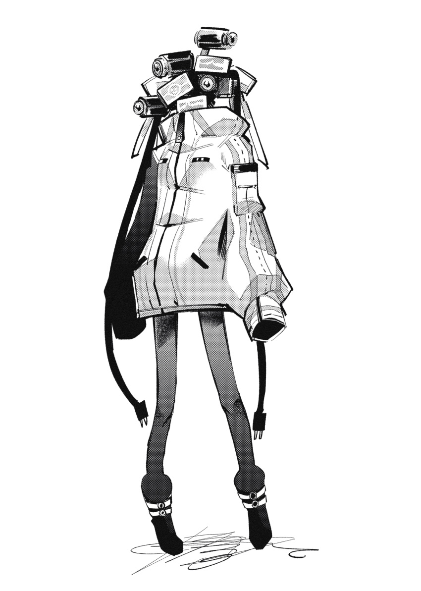 1girl boots bow cable cable_hair camera cardiogram clothed_robot dalloc_(project_moon) full_body greyscale hair_bow highres humanoid_robot library_of_ruina long_sleeves madotsuki_ren monitor monochrome object_head project_moon puffy_long_sleeves puffy_sleeves robot smiley_face solo twintails white_bow