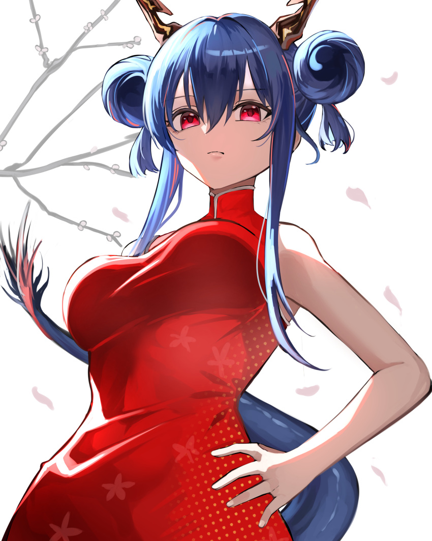 1girl absurdres arknights blue_hair breasts ch'en_(ageless_afterglow)_(arknights) ch'en_(arknights) china_dress chinese_clothes closed_mouth commentary_request double_bun dragon_horns dragon_tail dress from_below hair_between_eyes hair_bun hand_on_own_hip highres horns large_breasts looking_at_viewer official_alternate_costume puranetto_(vjun4748) red_dress red_eyes simple_background sleeveless sleeveless_dress solo tail turtleneck_dress white_background
