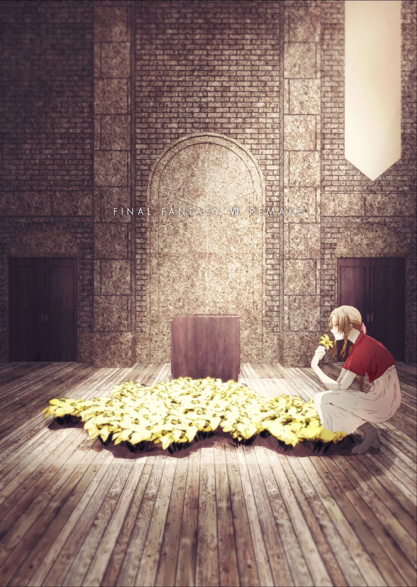 1girl aerith_gainsborough boots brown_hair cap_(artist) church copyright_name cropped_jacket dress final_fantasy final_fantasy_vii final_fantasy_vii_remake flower from_side full_body highres holding holding_flower indoors jacket light_rays long_hair pink_dress red_jacket solo squatting wooden_floor yellow_flower