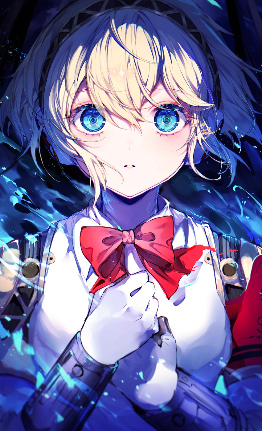 1girl absurdres aegis_(persona) blonde_hair blue_eyes bow bowtie commentary_request glowing glowing_eyes hands_on_own_chest highres looking_at_viewer mechanical_arms noyu_(noyu23386566) parted_lips persona persona_3 red_bow red_bowtie robot_ears robot_girl short_hair solo upper_body