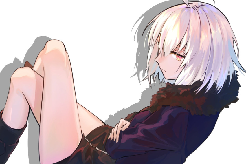 1girl ahoge black_dress black_footwear blue_coat brown_eyes coat crossed_arms dress fate/grand_order fate_(series) fur-trimmed_coat fur_trim hair_between_eyes highres hikari50503 jeanne_d'arc_(alter)_(fate) jeanne_d'arc_(fate)_(all) legs_crossed shadow shiny shiny_hair short_dress short_hair silver_hair simple_background solo white_background