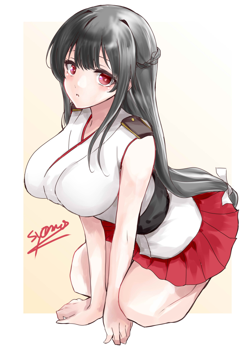 1girl absurdres artist_name black_hair braid breasts commentary_request epaulettes french_braid fusou_(kancolle) highres japanese_clothes kantai_collection large_breasts long_hair one-hour_drawing_challenge pleated_skirt red_eyes red_skirt seiza shamo_(ptwmjgda) shirt sitting skirt sleeveless sleeveless_shirt solo