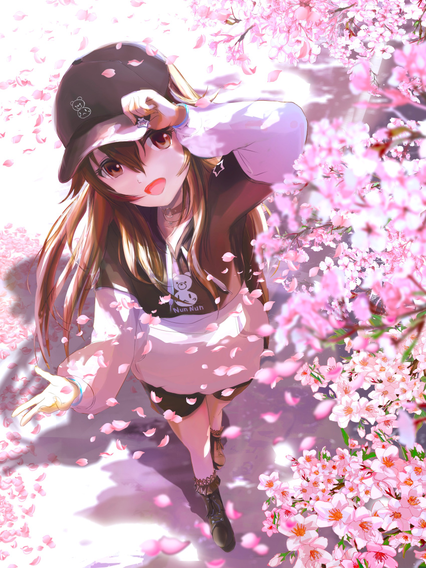 1girl absurdres amatsunatsu_hachiko baseball_cap black_choker black_hat black_hoodie brown_eyes brown_hair cherry_blossoms choker hat highres hololive hood hoodie long_hair looking_at_viewer o-ring o-ring_choker official_alternate_costume open_mouth smile solo tokino_sora tokino_sora_(streetwear) two-tone_hoodie virtual_youtuber white_hoodie