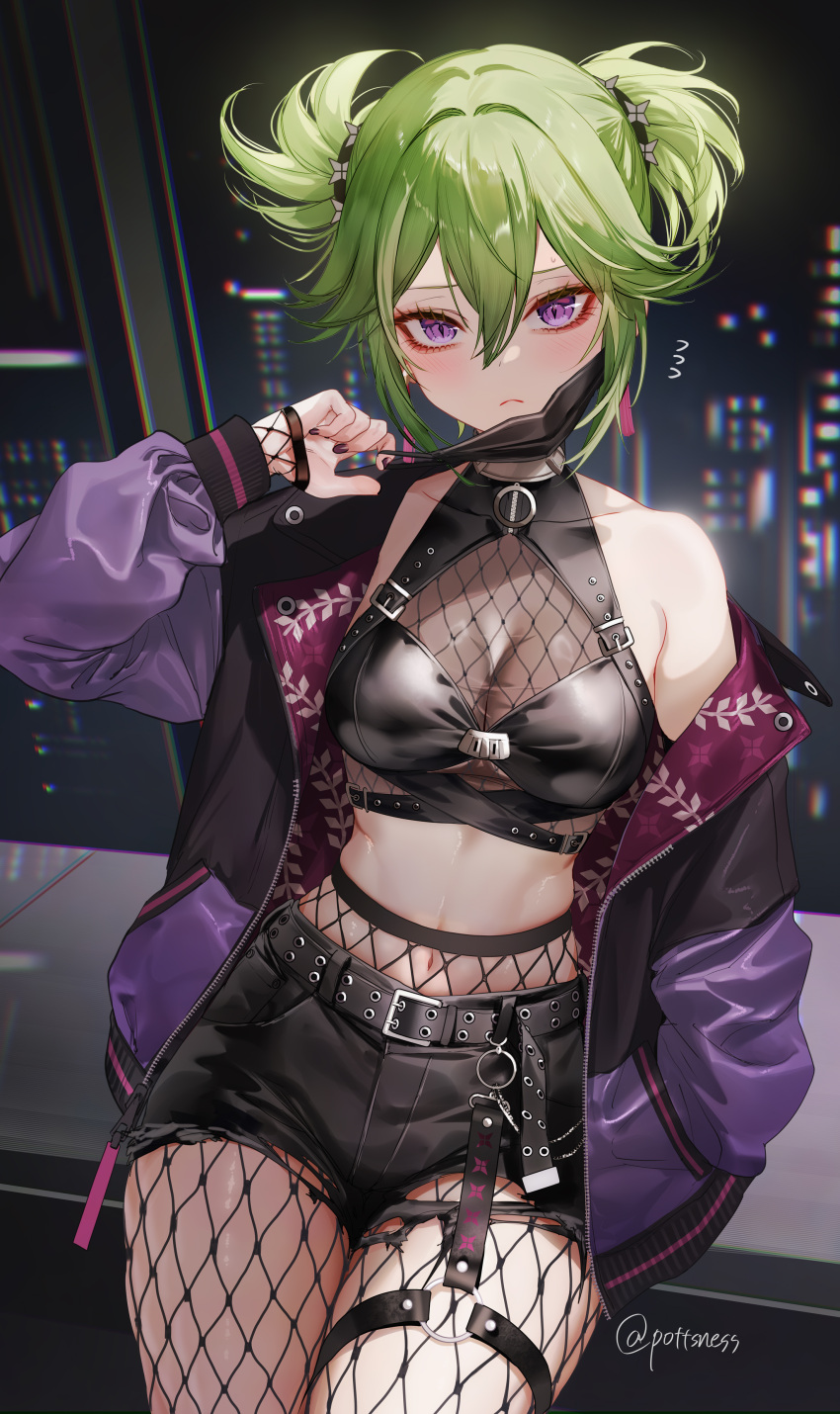 1girl absurdres alternate_hairstyle black_nails breasts cityscape closed_mouth commentary_request crop_top fishnet_pantyhose fishnets genshin_impact green_hair hair_between_eyes halterneck hand_in_pocket highres jacket kuki_shinobu looking_at_viewer mask mask_pull medium_breasts midriff mouth_mask navel night night_sky o-ring o-ring_thigh_strap off_shoulder pantyhose pottsness purple_eyes purple_jacket sky solo thigh_strap twintails twitter_username window