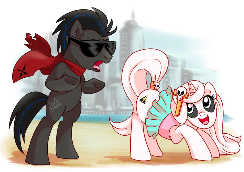 adlynh black_eyes black_fur black_hair clothed clothing cutie_mark detailed_background duo equine eyelashes eyewear fan_character female feral fur gangnam_style hair hooves horn male mammal my_little_pony open_mouth scarf smile standing sunglasses tongue unicorn