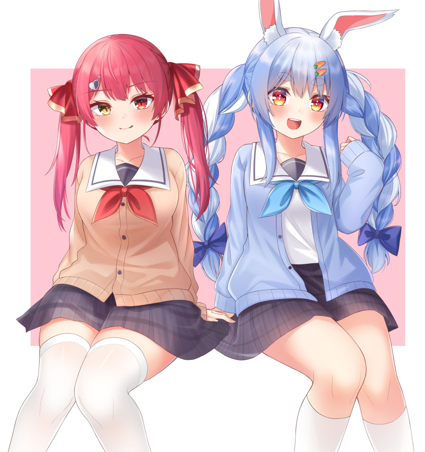 2girls :d :q absurdres alternate_costume animal_ear_fluff animal_ears black_skirt blue_bow blue_cardigan blue_hair blue_neckerchief bow braid brown_cardigan cardigan carrot_hair_ornament collarbone dot_nose food-themed_hair_ornament hair_between_eyes hair_bow hair_ornament hair_ribbon hand_up heart heart_hair_ornament heterochromia highres hololive hoshino_reiji houshou_marine invisible_chair kneehighs light_blush long_hair looking_at_viewer multicolored_hair multiple_girls neckerchief open_cardigan open_clothes orange_eyes outside_border pink_background plaid plaid_skirt rabbit_ears rabbit_girl red_eyes red_hair red_neckerchief red_ribbon ribbon sailor_collar shirt sidelocks simple_background sitting skirt slit_pupils smile socks streaked_hair support teeth thick_eyebrows thighhighs tongue tongue_out twin_braids twintails two-tone_background upper_teeth_only usada_pekora virtual_youtuber white_background white_sailor_collar white_shirt white_socks white_thighhighs yellow_eyes