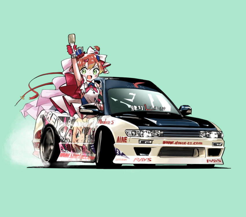 1girl blush bow car dress drifting freyja_wion gloves green_background green_eyes hair_bow hair_ornament heart heart_hair_ornament highres hikageno holding holding_microphone itasha looking_at_viewer macross macross_delta microphone motor_vehicle nissan_s13_silvia nissan_silvia open_mouth red_gloves shadow simple_background sitting solo v-shaped_eyebrows vehicle_focus web_address white_background white_dress