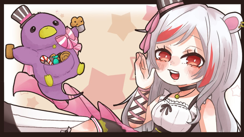 1girl 1other :d aoikatze blush bow breasts bright_pupils brown_ribbon candy candy_cane choker cookie ear_piercing food hand_up hat hedgehog_ears hedgehog_girl holding holding_food indie_virtual_youtuber jewelry long_hair looking_at_viewer medium_breasts mini_hat mini_top_hat mochizuki_toki muffin multicolored_hair necklace open_mouth piercing pink_bow red_eyes red_hair ribbon simple_background sleeveless smile star_(symbol) streaked_hair teeth tongue top_hat upper_teeth_only white_hair white_pupils