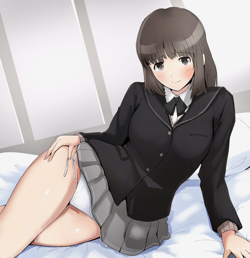 1girl amagami bed_sheet black_bow black_bowtie black_jacket black_sailor_collar blazer blush bow bowtie brown_eyes brown_hair closed_mouth grey_skirt gyuunyuu_pack_(tanaka) hand_on_own_thigh highres jacket kibito_high_school_uniform long_sleeves looking_at_viewer lying medium_hair miniskirt on_side panties pleated_skirt sailor_collar school_uniform side-tie_panties skirt solo tanaka_keiko_(amagami) thighs underwear untied_panties white_panties