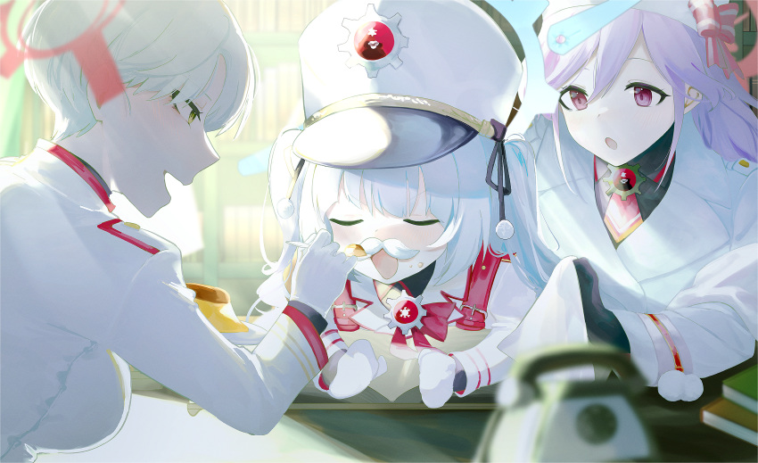 3girls absurdres blonde_hair blue_archive blue_halo blush breasts cherino_(blue_archive) closed_eyes dantyou2525 fake_facial_hair fake_mustache food food_on_face fur_hat halo hat highres holding holding_spoon jacket large_breasts long_hair long_sleeves marina_(blue_archive) multiple_girls open_mouth pink_eyes pink_hair pudding red_halo short_hair smile spoon tomoe_(blue_archive) two_side_up ushanka white_hair white_hat white_jacket yellow_eyes