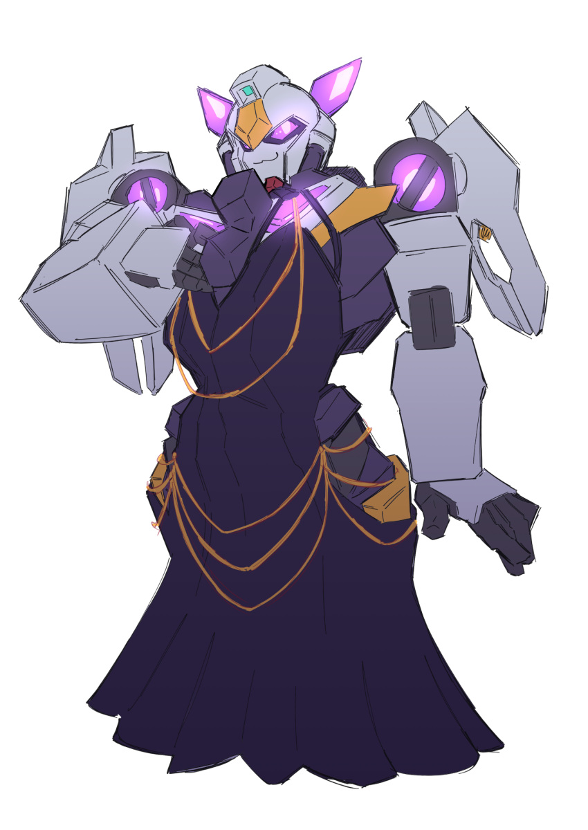:3 black_dress clothed_robot cosmikaizer dress english_commentary galatikaizer glowing glowing_eyes highres hip_vent looking_to_the_side mecha mecha_focus modakawa_dress original purple_eyes robot simple_background solo white_background