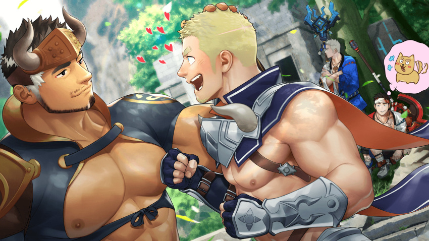 4boys abs bara beard biceps black_hair blonde_hair boots capelet chest_belt crossed_arms delafere_(gyee) facial_hair falling_leaves fingerless_gloves gauntlets gloves grancy_(gyee) gyee headband heart highres horns itto_(mentaiko) jewelry key key_necklace lance large_pectorals leaf looking_at_another male_focus manly mature_male multiple_boys muscular muscular_male necklace nipples non-web_source open_mouth outdoors pectorals polearm ruins short_hair smile spear spiked_hair sunlight sven_(gyee) takashi_(gyee) teeth thick_arms tongue tree weapon white_hair