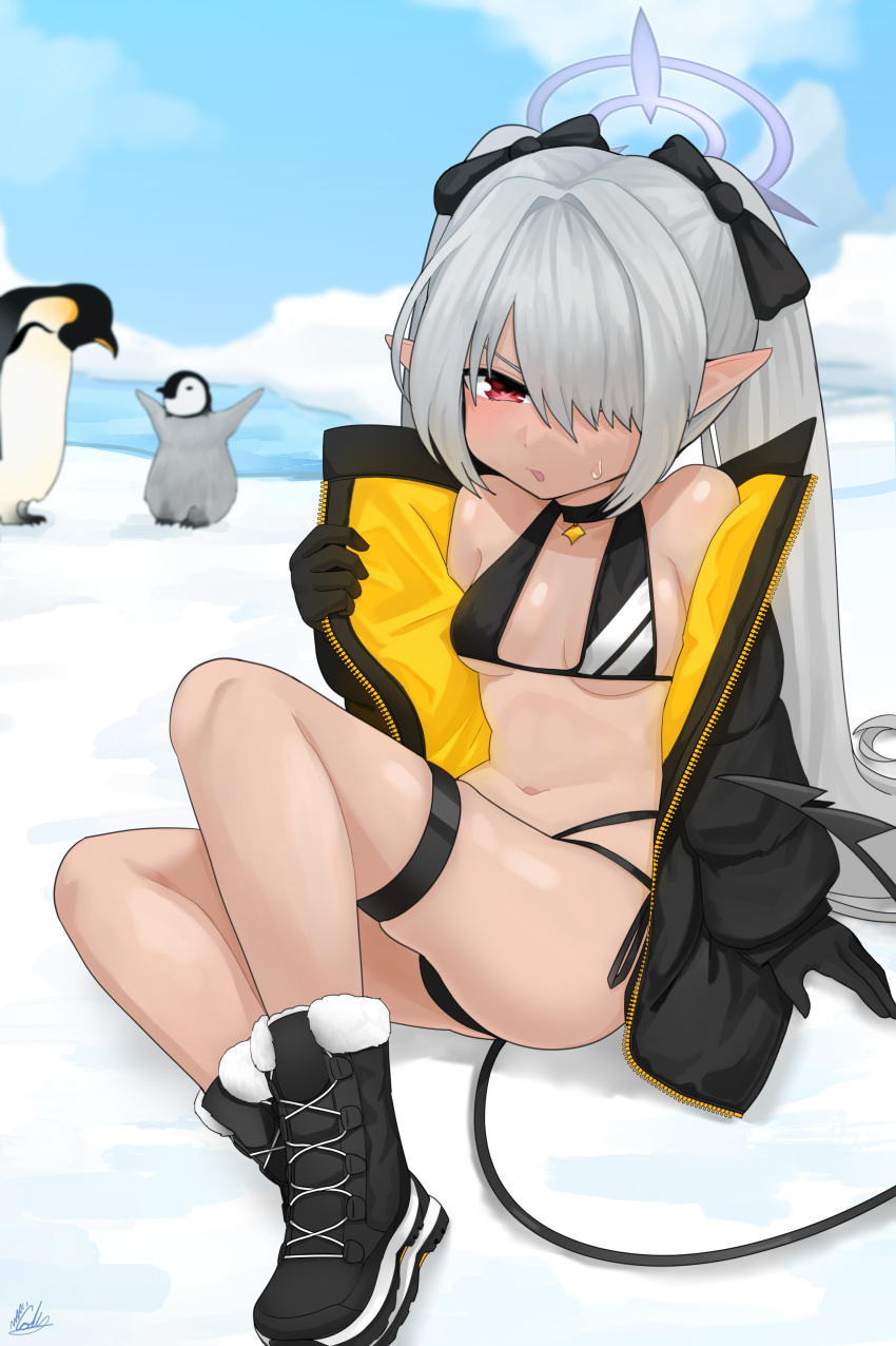 1girl absurdres ass bikini bird black_bikini black_choker black_coat black_footwear black_gloves black_jacket blue_archive blue_sky blurry boots bow breasts choker cleavage cloud cloudy_sky coat commentary_request dark-skinned_female dark_skin demon_girl demon_tail depth_of_field gloves grey_hair hair_bow hair_over_one_eye hair_ribbon halo highres horizon iori_(blue_archive) iori_(swimsuit)_(blue_archive) jacket kodineun_haengbokhada long_hair long_sleeves looking_at_viewer navel official_alternate_costume open_clothes open_coat open_jacket outdoors parted_bangs pendant_choker penguin pointy_ears red_hair ribbon side-tie_bikini_bottom sidelocks sitting sky small_breasts snow stomach sweatdrop swimsuit tail thigh_strap twintails
