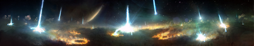 3d absurdres battle chaoticatmospheres commentary concept_art crater energy energy_beam eve_online explosion fire forest glowing highres landscape nature night night_sky no_humans original outdoors planet realistic scenery science_fiction sky space star_(sky) starry_sky tree wide_image zbrush_(medium)