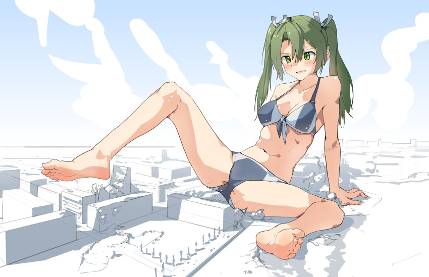 1girl barefoot bikini blue_sky breasts cloud day dzerofive front-tie_bikini_top front-tie_top giant giantess green_eyes green_hair grey_bikini highres kantai_collection long_hair outdoors sky small_breasts solo swimsuit twintails two-tone_bikini zuikaku_(kancolle)