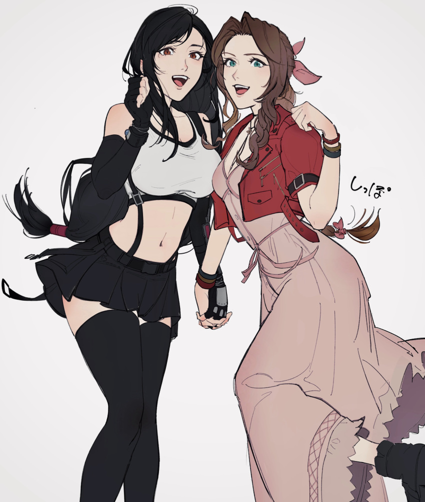2girls absurdres aerith_gainsborough bangle bare_shoulders black_hair black_skirt black_thighhighs bracelet braid braided_ponytail breasts brown_hair commentary_request crop_top cropped_jacket dress elbow_gloves feet_out_of_frame final_fantasy final_fantasy_vii final_fantasy_vii_rebirth final_fantasy_vii_remake fingerless_gloves gloves green_eyes hair_ribbon hand_up highres holding_hands jacket jewelry large_breasts long_hair looking_at_viewer low-tied_long_hair materia midriff multiple_girls navel open_clothes open_jacket open_mouth parted_bangs pink_dress pink_ribbon red_eyes red_jacket ribbon sanuki_uudon3 simple_background single_sidelock skirt small_breasts suspender_skirt suspenders swept_bangs tank_top teeth thighhighs tifa_lockhart upper_teeth_only white_tank_top zettai_ryouiki