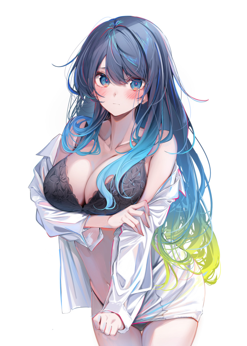 1girl absurdres arm_under_breasts bare_shoulders black_bra black_panties blue_eyes blue_hair blush bra closed_mouth commentary_request cowboy_shot gradient_hair green_hair highres komupi long_hair looking_at_viewer multicolored_hair natsumi_(komupi) navel off_shoulder open_clothes open_shirt original panties shirt shirt_hold simple_background solo underwear white_background white_shirt