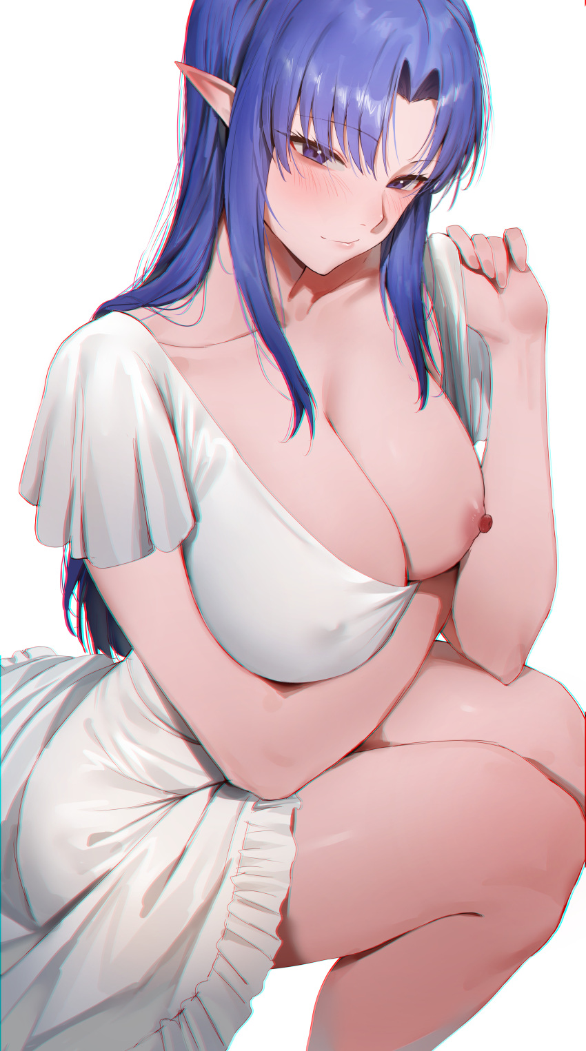 1girl absurdres blue_eyes breasts cleavage collarbone covered_nipples dated_commentary dress elf fate/stay_night fate_(series) highres large_breasts looking_at_viewer medea_(fate) nipples pointy_ears revision rororo simple_background solo white_background white_dress