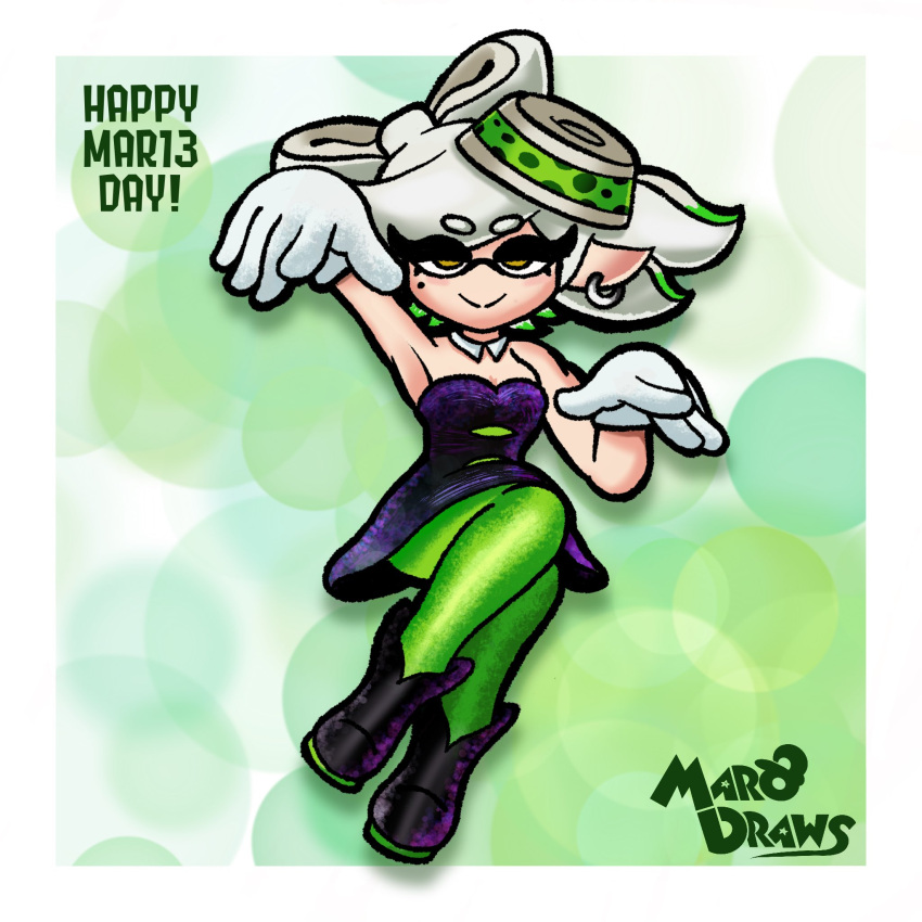 1:1 animal_humanoid breasts cephalopod cephalopod_humanoid clothing dress ear_piercing ear_ring eyelashes female footwear gloves green_background green_clothing green_legwear green_tights grey_hair hair handwear hi_res humanoid humanoid_pointy_ears inkling legwear looking_at_viewer marie_(splatoon) marine marine_humanoid marodraws mollusk mollusk_humanoid nintendo pattern_background piercing pseudo_hair purple_clothing purple_dress purple_footwear purple_shoes ring_piercing shoes simple_background smile solo splatoon squid_humanoid tan_body tan_skin tentacle_hair tentacles text thick_thighs tights white_background white_clothing white_gloves white_handwear wide_hips yellow_eyes