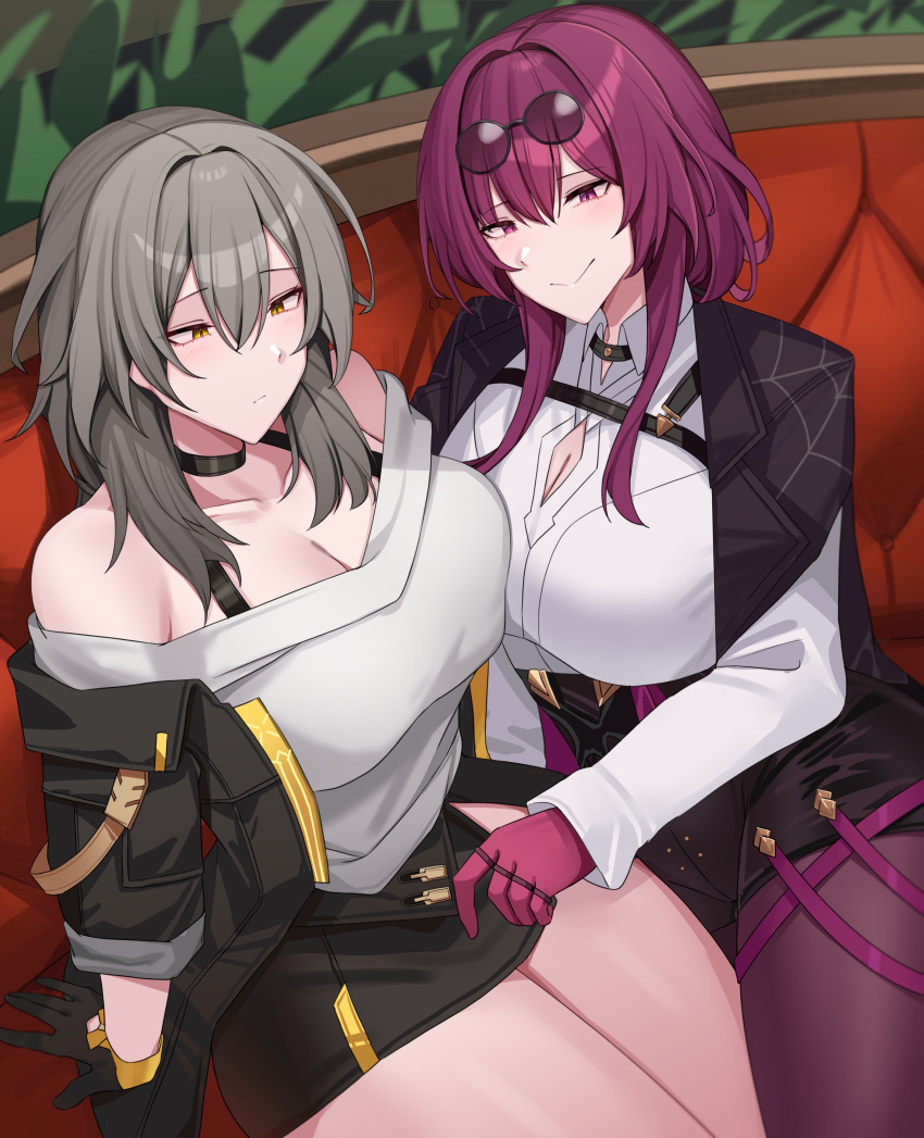 2girls absurdres bare_shoulders black_choker black_gloves black_jacket black_shorts black_skirt bra_strap breasts brown_eyes choker cleavage cleavage_cutout clothing_cutout commentary gloves grey_hair hair_intakes highres honkai:_star_rail honkai_(series) indoors jacket kafka_(honkai:_star_rail) kanta_(kanta_077) large_breasts long_hair long_sleeves miniskirt multiple_girls off-shoulder_shirt off_shoulder open_clothes open_jacket pantyhose pantyhose_under_shorts purple_eyes purple_hair purple_pantyhose shirt short_shorts shorts sitting skirt stelle_(honkai:_star_rail) thick_thighs thighs trailblazer_(honkai:_star_rail) white_shirt yuri