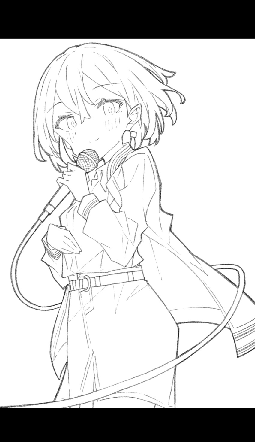 1girl bang_dream! bang_dream!_it's_mygo!!!!! belt breasts closed_mouth collared_shirt commentary_request cow dress_shirt earrings greyscale hair_between_eyes highres holding holding_microphone jacket jewelry kai3700 letterboxed lineart looking_at_viewer microphone monochrome open_clothes open_jacket shirt short_hair simple_background skirt small_breasts solo takamatsu_tomori white_background