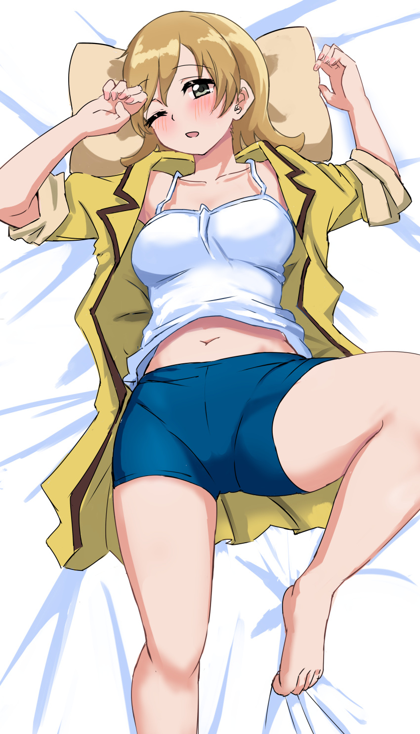 1girl absurdres bare_legs barefoot bed_sheet blue_shorts blush breasts camisole clothes_lift collarbone commentary_request commission daiba_nana ereka fingernails foot_out_of_frame green_eyes hair_down hands_up highres light_brown_hair long_hair looking_at_viewer lying medium_breasts midriff_peek navel on_back one_eye_closed open_clothes open_shirt parted_lips pillow pixiv_commission shirt shirt_lift short_sleeves shorts shoujo_kageki_revue_starlight sleeves_pushed_up solo stomach white_camisole yellow_shirt