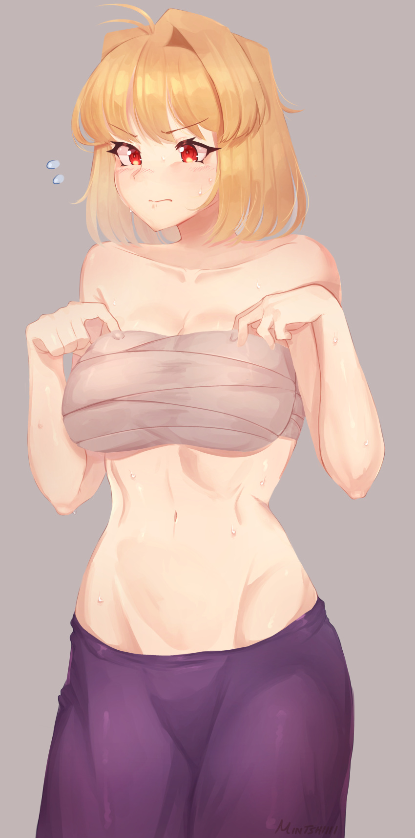 1girl absurdres antenna_hair arcueid_brunestud artist_name bare_shoulders blonde_hair blush breasts closed_mouth collarbone commentary english_commentary flying_sweatdrops frown grey_background groin hair_intakes hands_up highres large_breasts mintshiiii navel purple_skirt red_eyes sarashi short_hair simple_background skirt solo stomach sweat tsukihime v-shaped_eyebrows