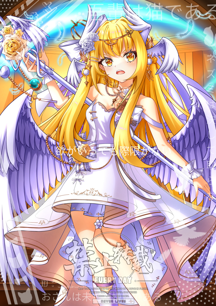 1girl absurdres angel angel_wings bad_bcy_id bad_id bare_shoulders blonde_hair blunt_bangs bow breasts bridal_garter circlet cleavage dress earrings eyelashes feathered_wings feet_out_of_frame flower frown gold_earrings gold_necklace hair_bow hair_flower hair_ornament hairclip head_wings highres holding holding_staff indoors jewelry kneehighs layered_dress light_blush long_dress long_hair looking_at_viewer multiple_wings necklace open_mouth original pom_pom_(clothes) pom_pom_hair_ornament purple_garter rose ruoyux sample_watermark sidelocks single_kneehigh single_sock small_breasts socks solo staff standing strapless strapless_dress teeth upper_teeth_only very_long_hair watermark white_bow white_dress white_flower white_rose white_socks white_wrist_cuffs wings wrist_cuffs yellow_bag yellow_eyes
