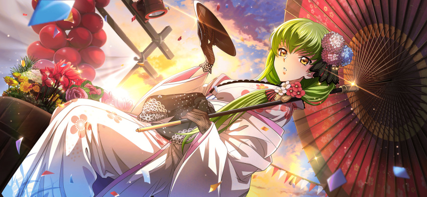1girl artist_request barrel black_gloves blue_flower blue_sky c.c. cloud code_geass code_geass:_lost_stories confetti cup diffraction_spikes dutch_angle fishnet_gloves fishnets floral_print flower game_cg glint gloves green_hair hair_flower hair_ornament hair_over_shoulder hands_up highres holding holding_cup holding_umbrella japanese_clothes kimono light_particles long_hair long_sleeves looking_at_viewer non-web_source obi official_art oil-paper_umbrella orange_sky outdoors parted_lips pink_flower red_flower sakazuki sash sitting sky solo string_of_flags sunlight sunset tassel teeth umbrella white_flower white_kimono wide_sleeves yellow_eyes yellow_flower