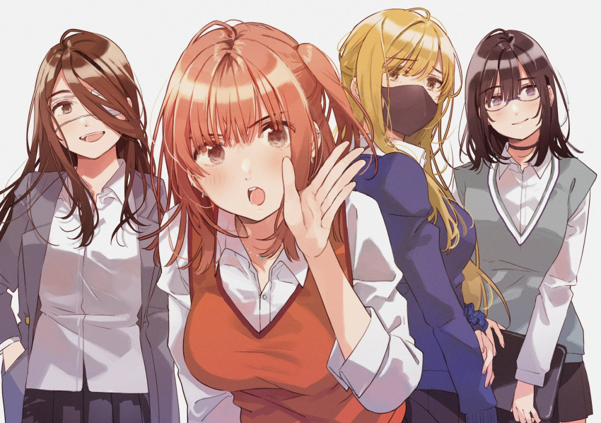4girls :o arm_at_side black_choker black_hair black_mask black_skirt blazer blonde_hair blue_scrunchie blue_sweater breasts brown_hair choker collarbone collared_shirt commentary_request dress_shirt eyepatch fly_(marguerite) glasses green_sweater_vest grey_eyes grey_jacket hair_between_eyes hair_over_one_eye hand_in_pocket hand_on_own_arm hand_over_face highres holding_board imai_nanahoshi jacket jewelry long_hair long_sleeves looking_at_viewer looking_to_the_side mask medical_eyepatch medium_breasts miniskirt morishita_erisu mouth_mask multiple_girls nagawa_shiyuhi necklace official_art one_side_up open_clothes open_jacket orange_hair orange_sweater_vest pleated_skirt scrunchie semi-rimless_eyewear shirt shoutai_fumei_to_kyoufu sidelocks skirt smile sweater sweater_vest teeth toumi_riku under-rim_eyewear upper_teeth_only white_background white_shirt