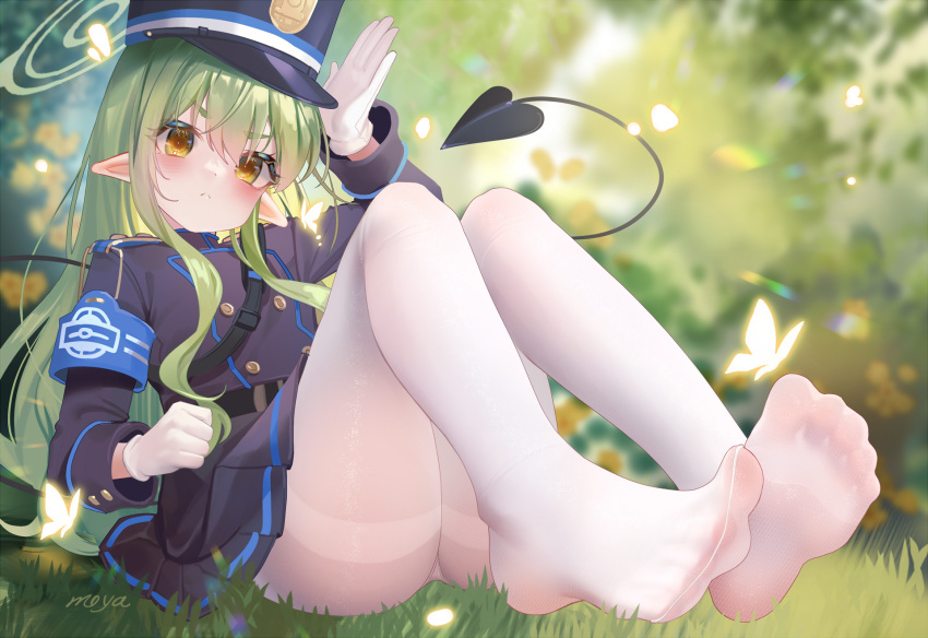 1girl artist_name ass black_hat black_jacket black_skirt black_tail blue_archive blush closed_mouth commentary demon_tail fh_moya grass green_hair green_halo halo hat highlander_sidelocks_conductor_(blue_archive) highres jacket long_hair long_sleeves looking_at_viewer pantyhose peaked_cap pleated_skirt pointy_ears signature sitting skirt soles solo symbol-only_commentary tail toes white_pantyhose yellow_eyes