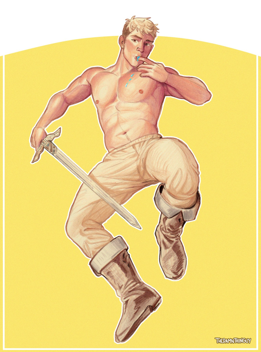 1boy abs bara blonde_hair boots brown_footwear colored_pencil commentary dungeon_meshi english_commentary finger_to_mouth full_body hand_up highres holding holding_sword holding_weapon jumping knee_boots laios_thorden large_pectorals licking licking_finger looking_at_viewer male_focus multicolored_hair muscular muscular_male navel nipples pants pectorals pencil photo_(medium) plump scan short_hair signature solo sparse_navel_hair sword thedamnthinguy topless_male traditional_media two-tone_hair undercut weapon winged_sword yellow_pants