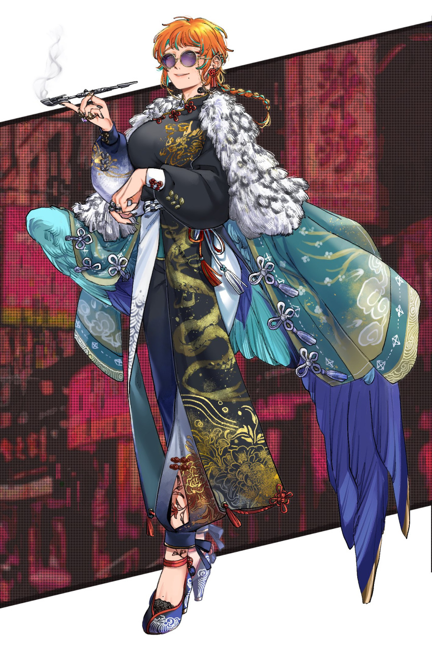 1girl bird_girl bird_tail bird_wings black_nails black_pants blue_eyes blue_footwear blue_wings braid changpao chinese_clothes commentary_request dragon_print ear_piercing feathered_wings full_body grin hand_up high_heels highres holding holding_smoking_pipe jewelry kiseru long_hair long_sleeves looking_at_viewer low_wings mandarin_collar mole mole_under_mouth multiple_rings orange_hair original pants photo_background piercing puffy_long_sleeves puffy_sleeves purple-tinted_eyewear red_background ring round_eyewear rramarukun single_braid smile smoking_pipe solo standing sunglasses tail tinted_eyewear walking wings yellow_eyes