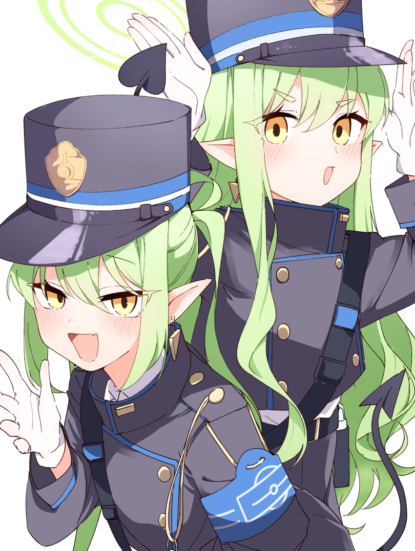 2girls absurdres black_hat black_jacket black_tail blue_archive blush demon_tail earrings fang fill_(fill_lemonn) gloves green_hair green_halo halo hat highlander_sidelocks_conductor_(blue_archive) highlander_twintails_conductor_(blue_archive) highres jacket jewelry long_hair long_sleeves looking_at_viewer multiple_girls open_mouth peaked_cap pointy_ears sidelocks simple_background single_earring skin_fang smile tail twintails white_background white_gloves yellow_eyes