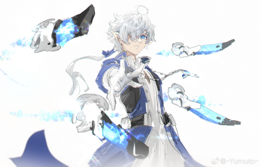 1boy ahoge alphinaud_leveilleur artist_name blue_coat blue_eyes chinese_commentary coat collared_coat commentary_request cowboy_shot elezen elf final_fantasy final_fantasy_xiv floating floating_hair floating_object floating_weapon foreshortening gloves hair_over_one_eye hair_ribbon highres long_hair looking_at_viewer low_ponytail male_focus one_eye_covered outstretched_arm pointy_ears ponytail reaching reaching_towards_viewer ribbon sage_(final_fantasy) simple_background sketch solo standing weibo_logo weibo_username white_background white_gloves white_hair yumuto_(spring1786)