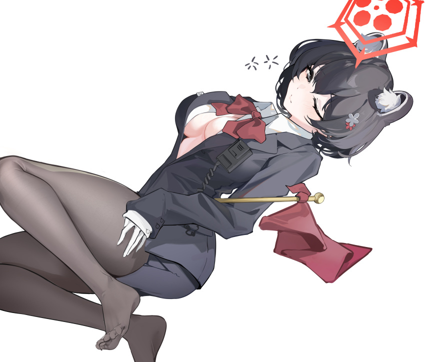 1girl absurdres animal_ear_fluff animal_ears ass black_eyes black_hair black_pantyhose blue_archive blush breasts chinoryuu closed_mouth collared_shirt flag hair_between_eyes hair_ornament halo highres large_breasts long_sleeves looking_at_viewer official_alternate_costume one_eye_closed pantyhose red_halo shirt short_hair simple_background solo toes tour_guide tsubaki_(blue_archive) tsubaki_(guide)_(blue_archive) walkie-talkie white_background white_shirt